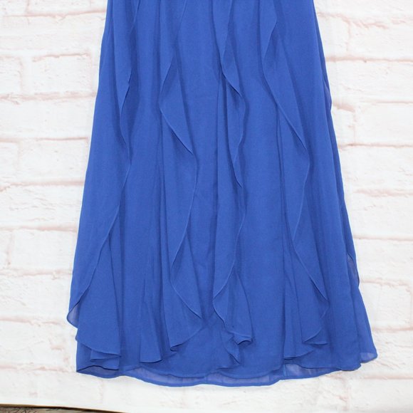 Lace & Mesh Blue Polyester Lined V-Neck Cap Sleeve Ruffled Long Dress Size M - Picture 3 of 10